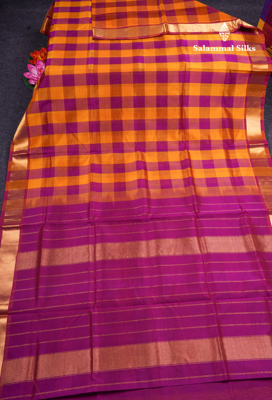 Paalum Pazham Checks Pure Silk Cotton Saree With Gold Zari Border