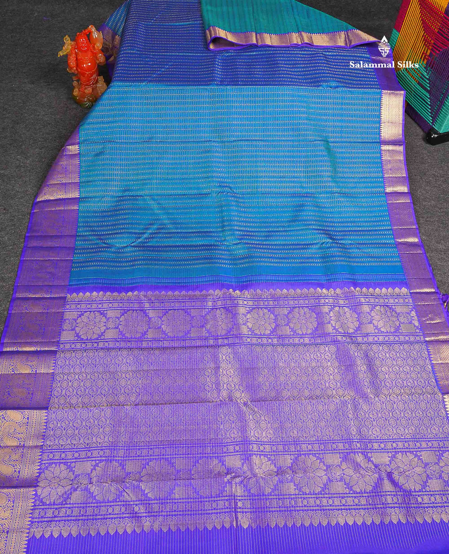 Pure Kanjivaram Silk Saree - Peacock Blue Colour Body Small Checks With Butta & Contrast Violet Evening Morning Border