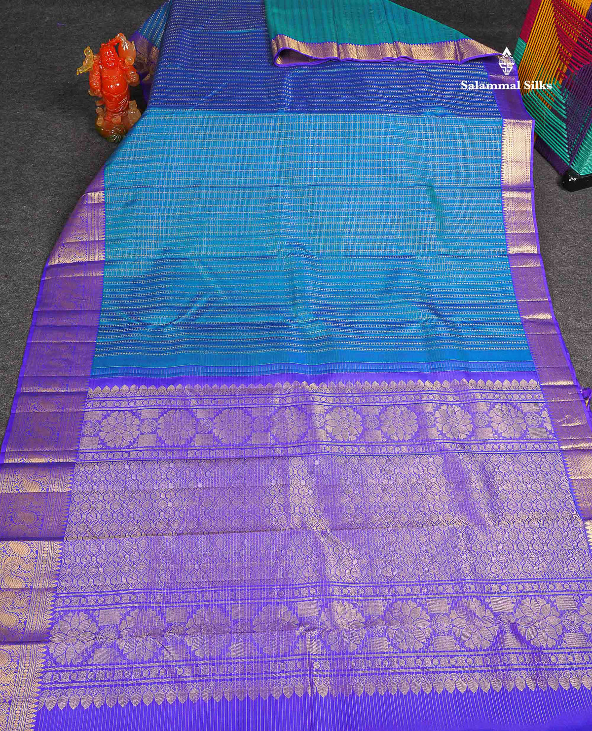 Pure Kanjivaram Silk Saree - Peacock Blue Colour Body Small Checks With Butta & Contrast Violet Evening Morning Border