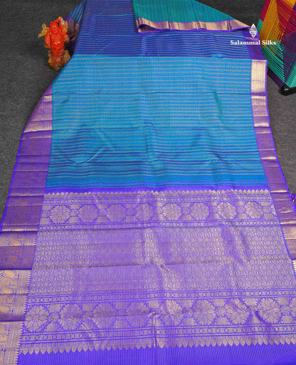 Pure Kanjivaram Silk Saree - Peacock Blue Colour Body Small Checks With Butta & Contrast Violet Evening Morning Border