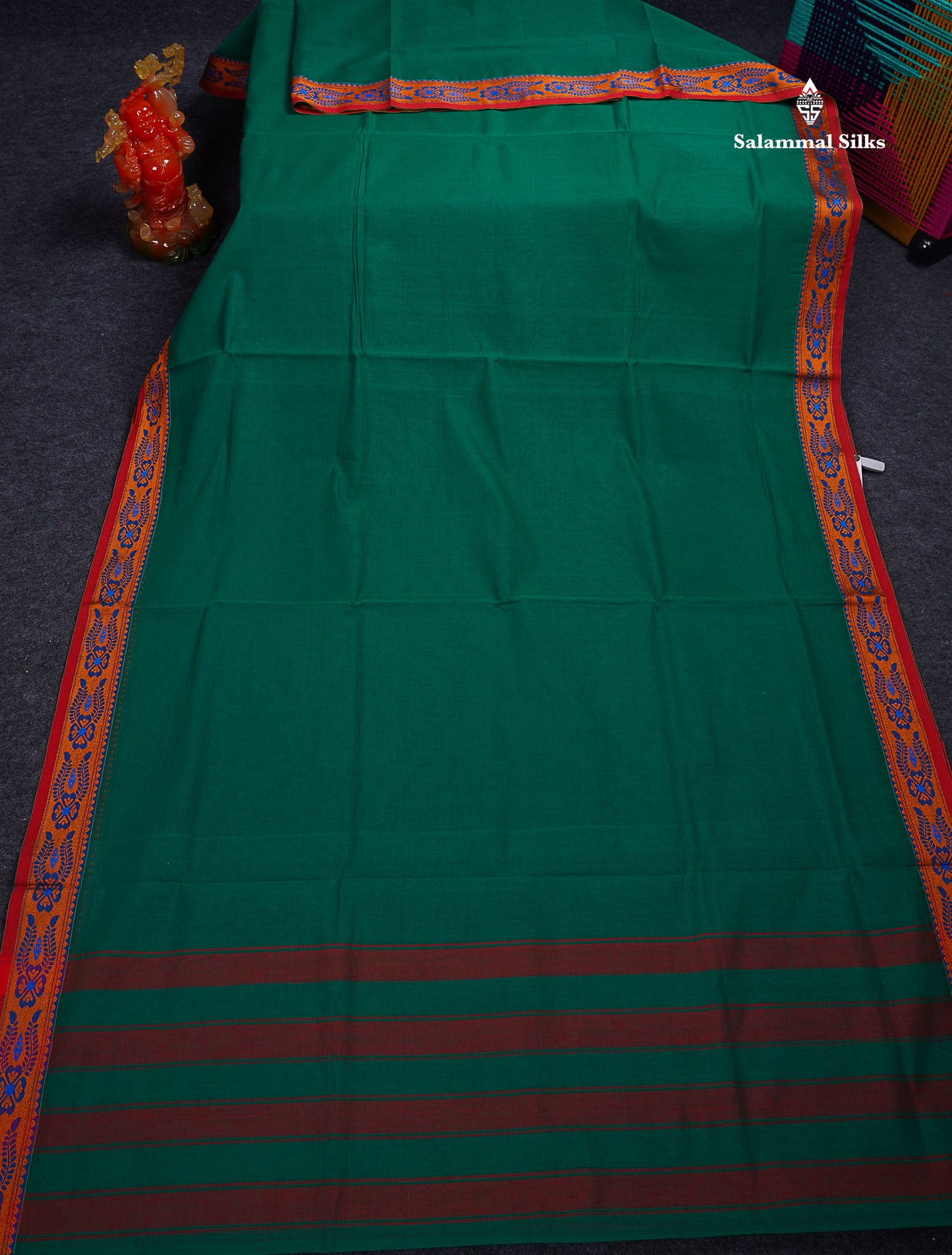 Beautiful Bottle Green Plain Pure Cotton Saree With Contrast Red Thread Work Traditional Border