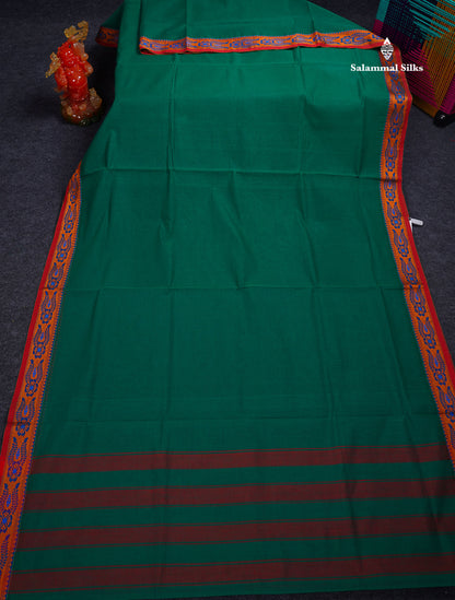 Beautiful Bottle Green Plain Pure Cotton Saree With Contrast Red Thread Work Traditional Border