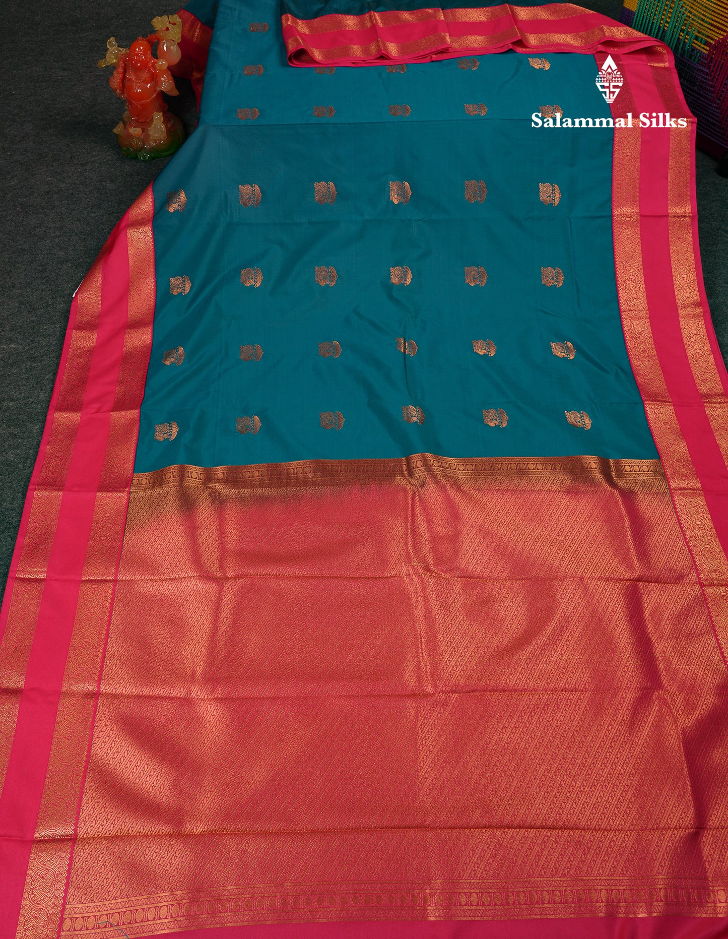 Beautiful Peacock Blue Semi Silk Saree With Contrast Pink Traditional Rettapet Border