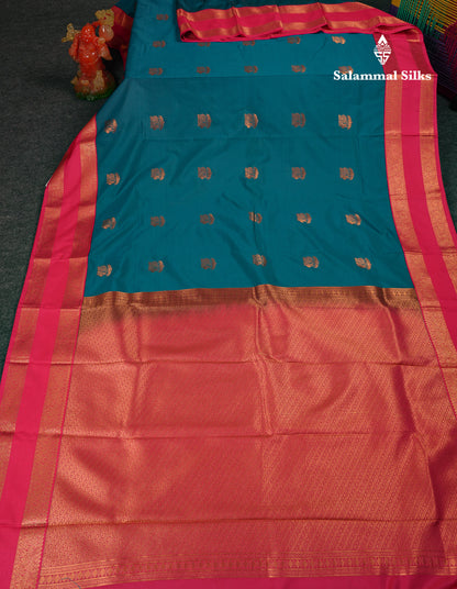 Beautiful Peacock Blue Semi Silk Saree With Contrast Pink Traditional Rettapet Border