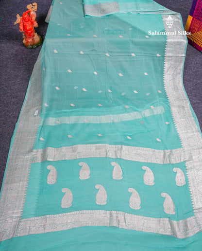 Beautiful Sea Blue Handloom Banaras Pure Chiffon Saree With Fancy Border