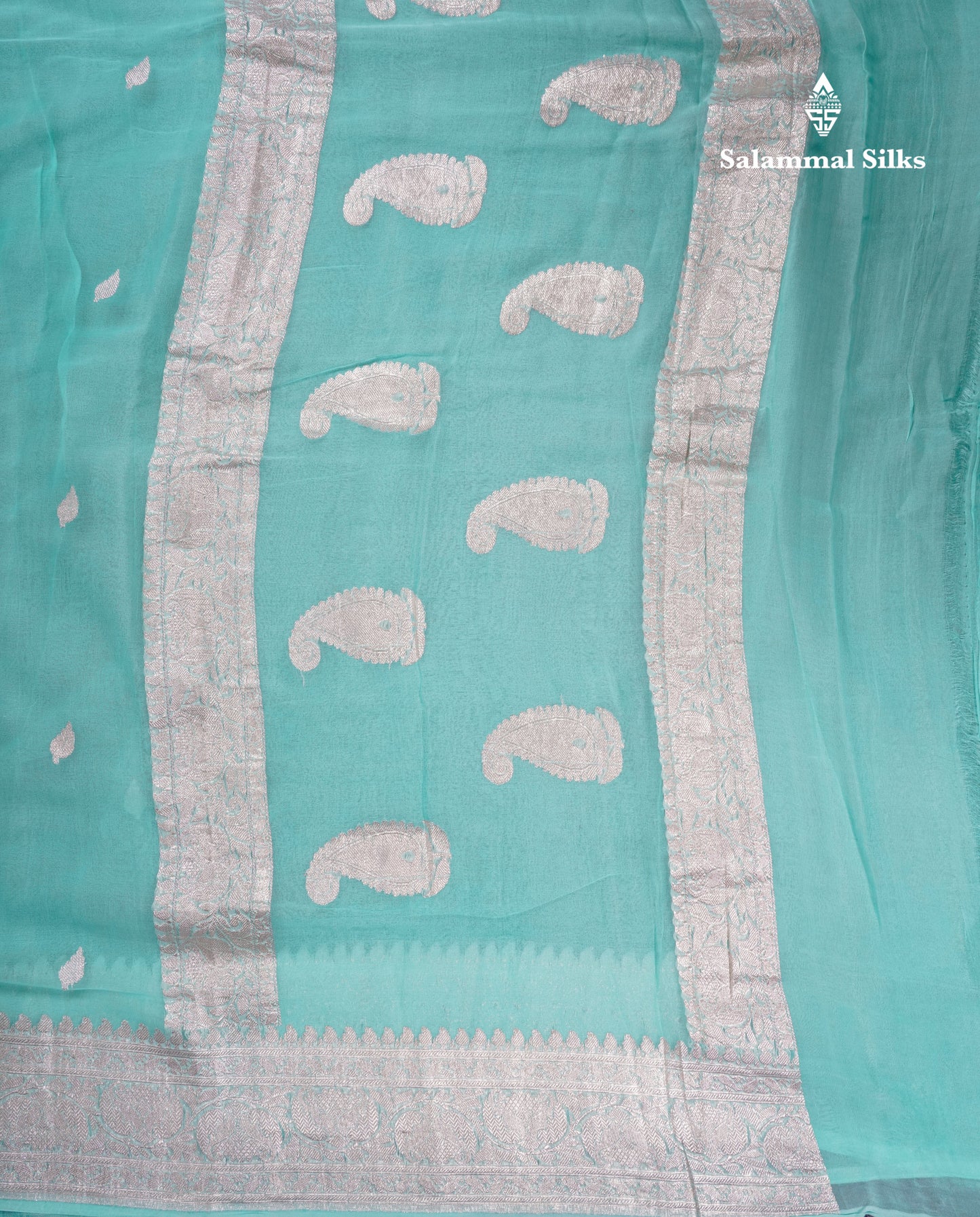 Beautiful Sea Blue Handloom Banaras Pure Chiffon Saree With Fancy Border