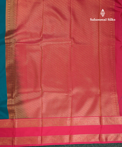 Beautiful Peacock Blue Semi Silk Saree With Contrast Pink Traditional Rettapet Border