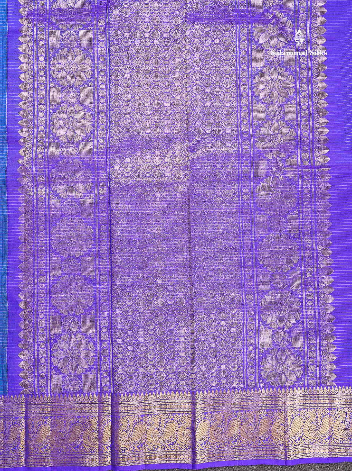 Pure Kanjivaram Silk Saree - Peacock Blue Colour Body Small Checks With Butta & Contrast Violet Evening Morning Border