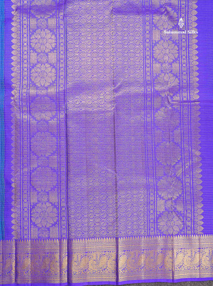 Pure Kanjivaram Silk Saree - Peacock Blue Colour Body Small Checks With Butta & Contrast Violet Evening Morning Border