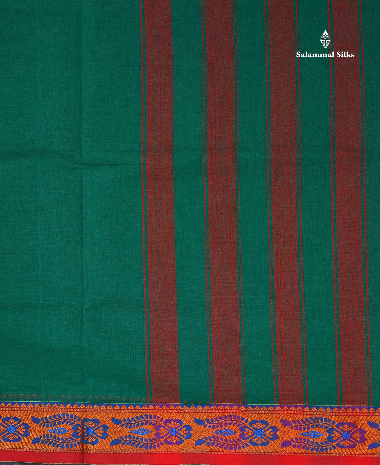 Beautiful Bottle Green Plain Pure Cotton Saree With Contrast Red Thread Work Traditional Border