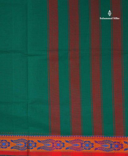 Beautiful Bottle Green Plain Pure Cotton Saree With Contrast Red Thread Work Traditional Border
