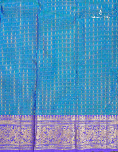 Pure Kanjivaram Silk Saree - Peacock Blue Colour Body Small Checks With Butta & Contrast Violet Evening Morning Border