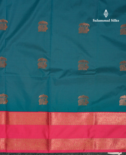 Beautiful Peacock Blue Semi Silk Saree With Contrast Pink Traditional Rettapet Border