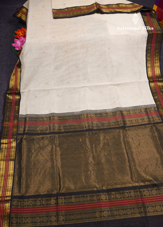 Half White Pure Silk Cotton Saree With Contrast Black Traditional Border