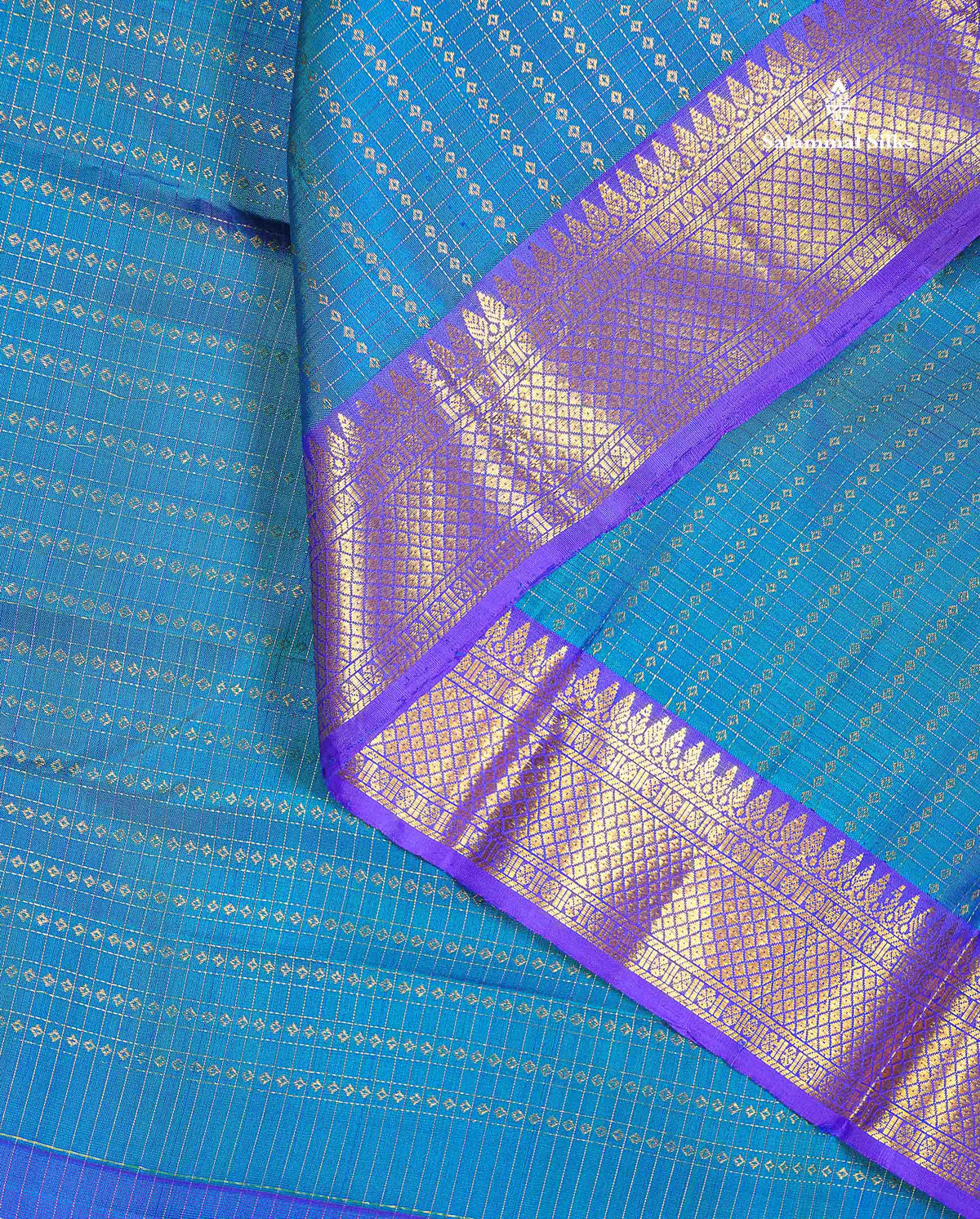Pure Kanjivaram Silk Saree - Peacock Blue Colour Body Small Checks With Butta & Contrast Violet Evening Morning Border