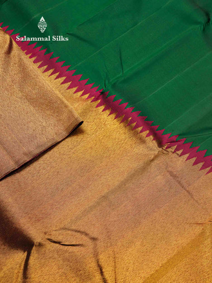 Beautiful Bottle Green 8Kol Pure Kanjivaram Silk Saree With Contrast Maroon Traditional Raising Temple Border
