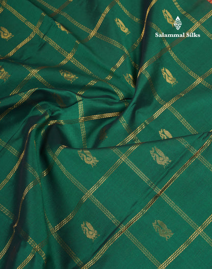 Bottle Green Checks With Butta Semi Silk Cotton Saree With Contrast Chilly Red Traditional Border