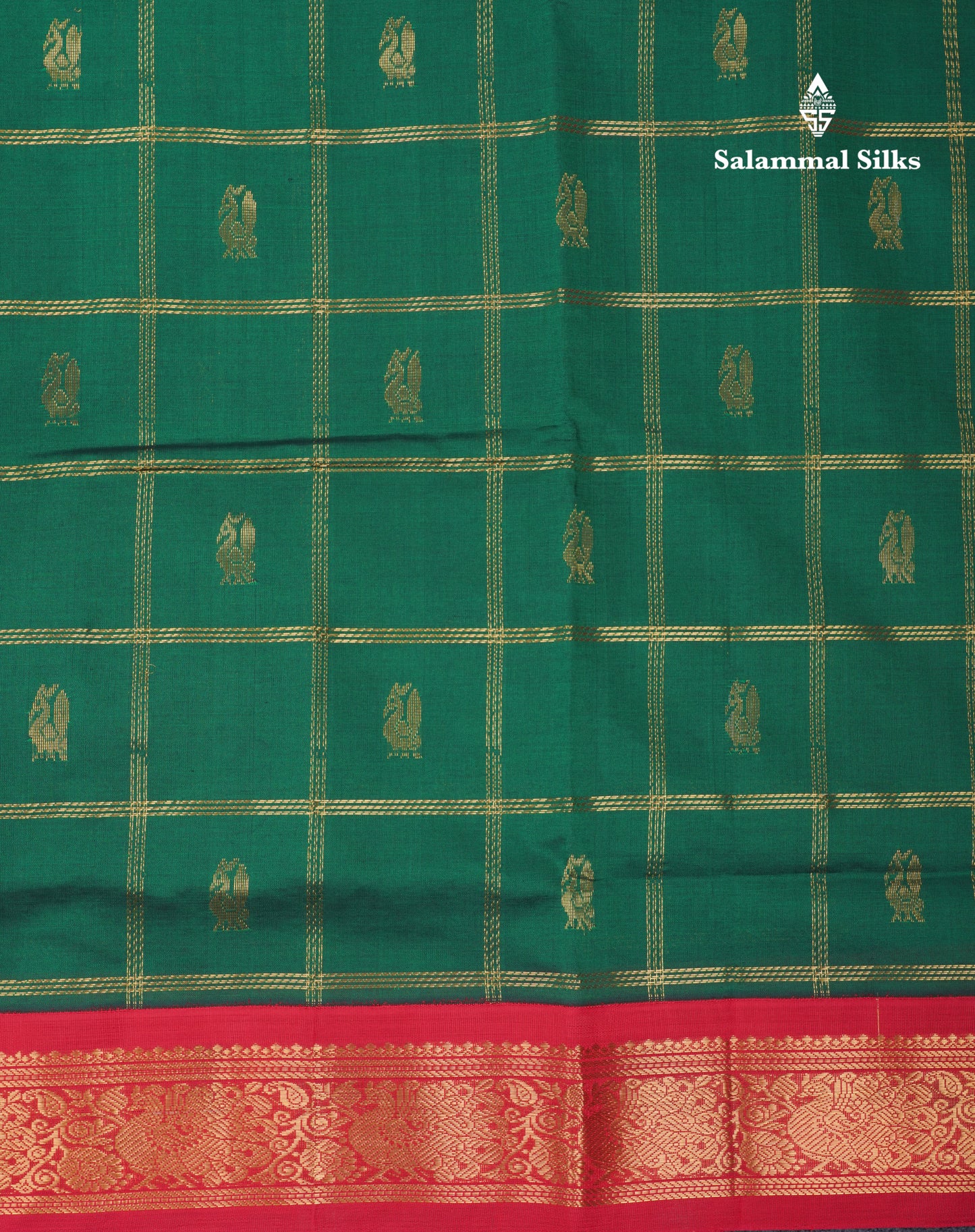 Bottle Green Checks With Butta Semi Silk Cotton Saree With Contrast Chilly Red Traditional Border