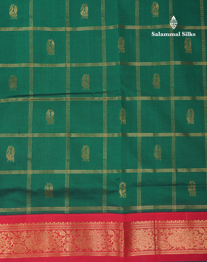 Bottle Green Checks With Butta Semi Silk Cotton Saree With Contrast Chilly Red Traditional Border