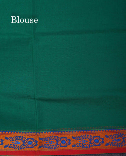 Beautiful Bottle Green Plain Pure Cotton Saree With Contrast Red Thread Work Traditional Border