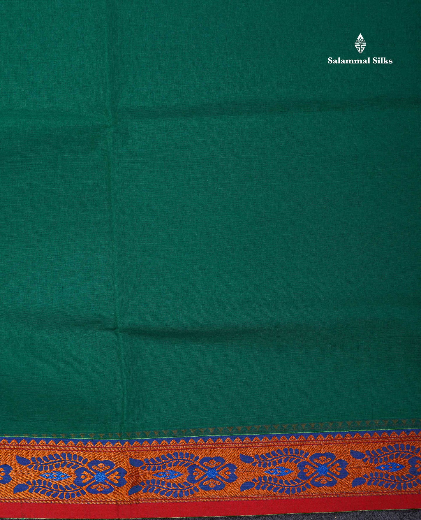 Beautiful Bottle Green Plain Pure Cotton Saree With Contrast Red Thread Work Traditional Border