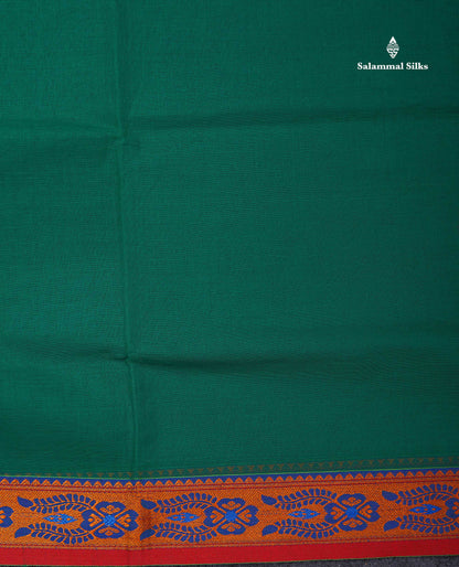 Beautiful Bottle Green Plain Pure Cotton Saree With Contrast Red Thread Work Traditional Border