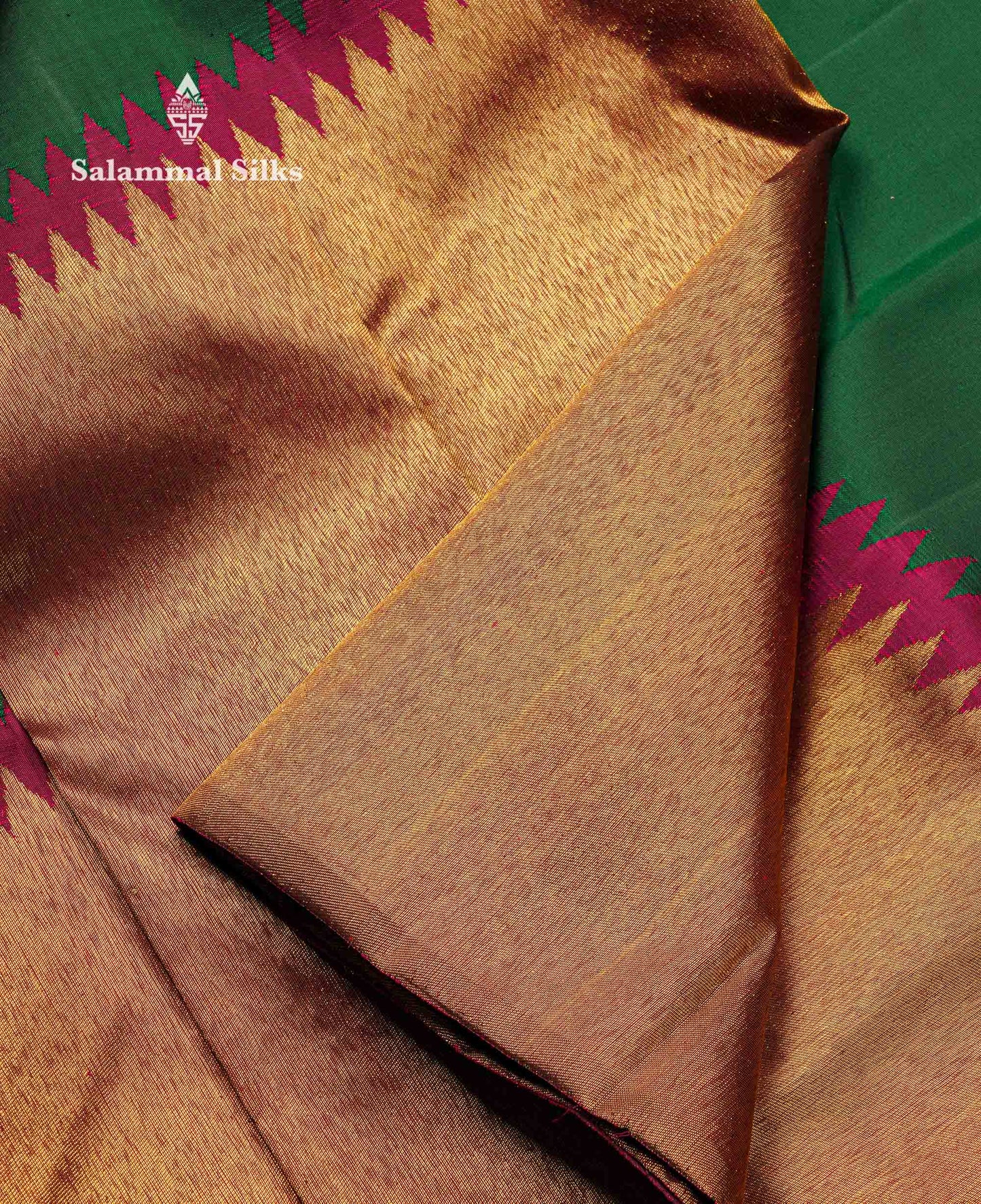 Beautiful Bottle Green 8Kol Pure Kanjivaram Silk Saree With Contrast Maroon Traditional Raising Temple Border