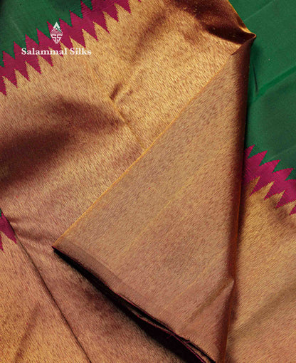 Beautiful Bottle Green 8Kol Pure Kanjivaram Silk Saree With Contrast Maroon Traditional Raising Temple Border