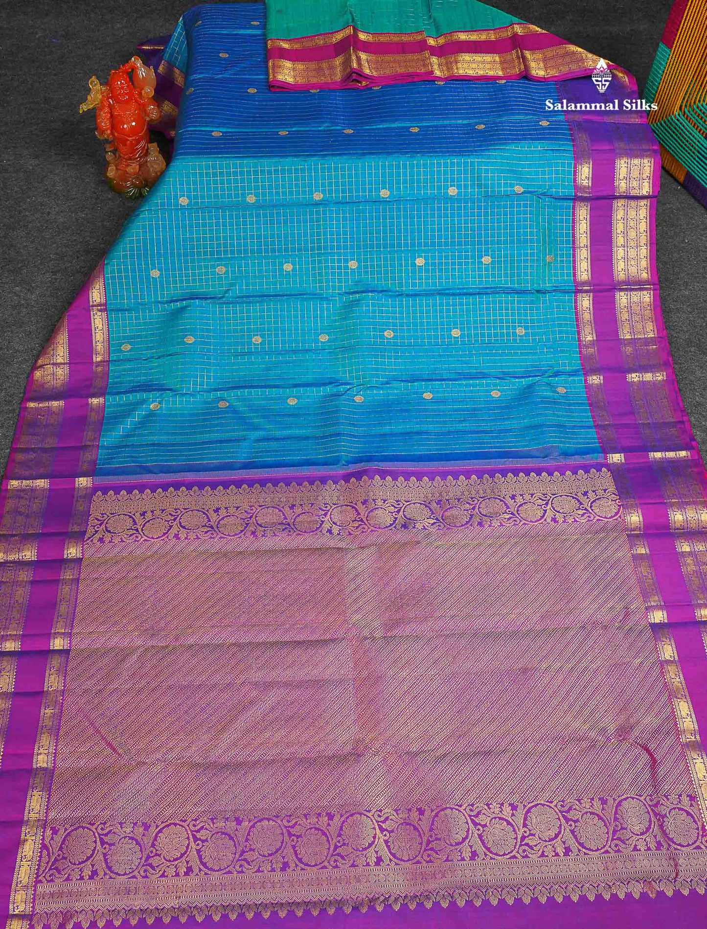 Pure Kanjivaram Silk Saree - Sapphire Blue Colour Body Checks With Butta & Contrast Purple Traditional Gap Border