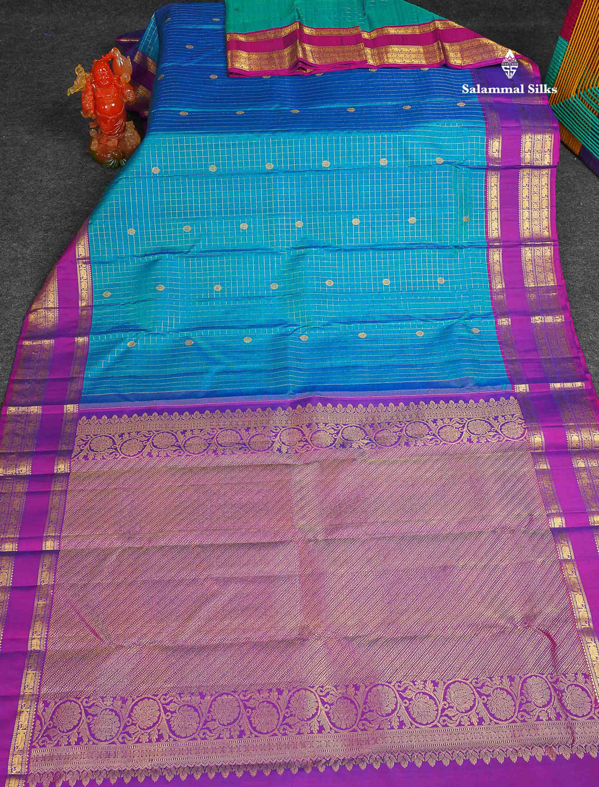 Pure Kanjivaram Silk Saree - Sapphire Blue Colour Body Checks With Butta & Contrast Purple Traditional Gap Border