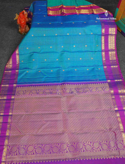 Pure Kanjivaram Silk Saree - Sapphire Blue Colour Body Checks With Butta & Contrast Purple Traditional Gap Border