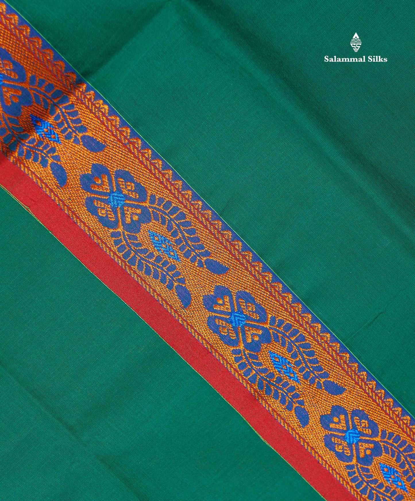 Beautiful Bottle Green Plain Pure Cotton Saree With Contrast Red Thread Work Traditional Border