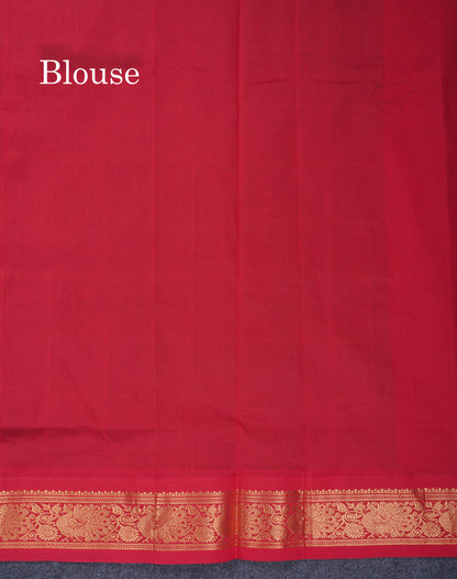 Bottle Green Checks With Butta Semi Silk Cotton Saree With Contrast Chilly Red Traditional Border