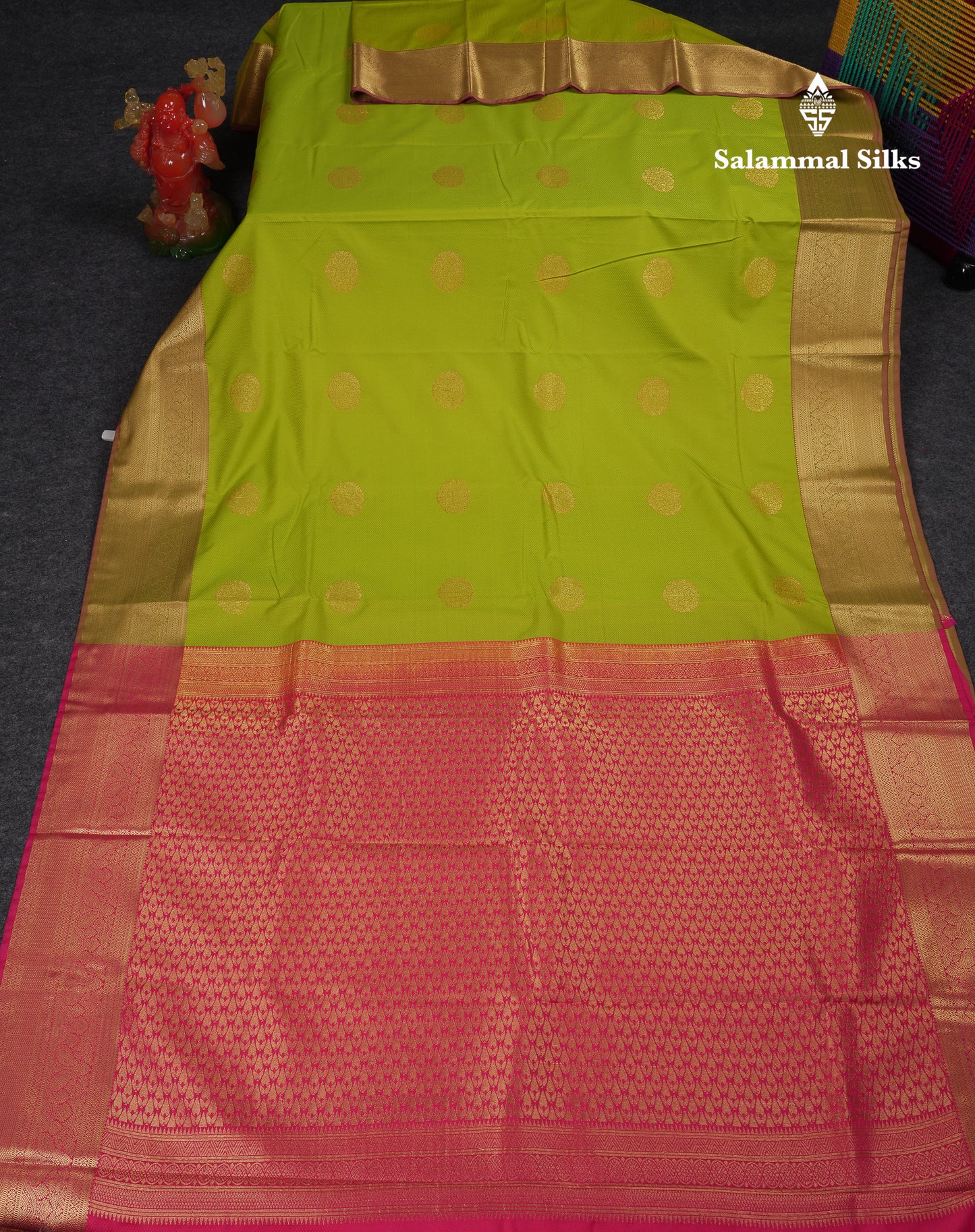 Beautiful Parrot Green Semi Silk Saree With Contrast Pink Blouse