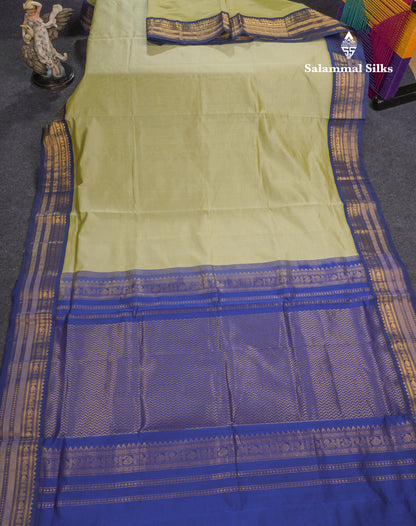 Light Elaichi Green Semi Silk Cotton Saree With Contrast Navy Blue Traditional Border