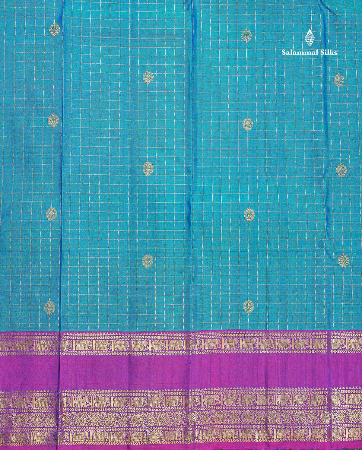 Pure Kanjivaram Silk Saree - Sapphire Blue Colour Body Checks With Butta & Contrast Purple Traditional Gap Border