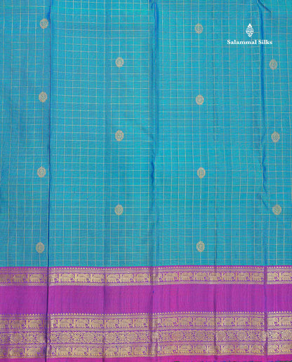 Pure Kanjivaram Silk Saree - Sapphire Blue Colour Body Checks With Butta & Contrast Purple Traditional Gap Border