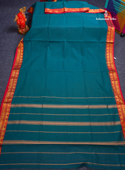 Beautiful Dual Tone Blue Plain Pure Cotton Saree With Contrast Red Traditional Border