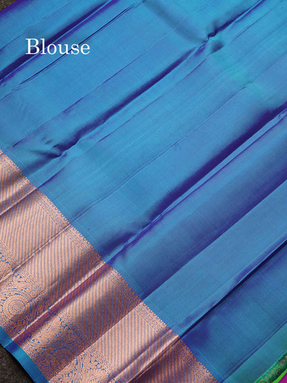 Beautiful Vadamalli Pure Kanjivaram Silk Saree With Contrast Peacock Blue Traditional Evening Morning Border