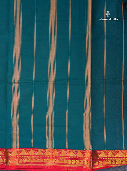 Beautiful Dual Tone Blue Plain Pure Cotton Saree With Contrast Red Traditional Border