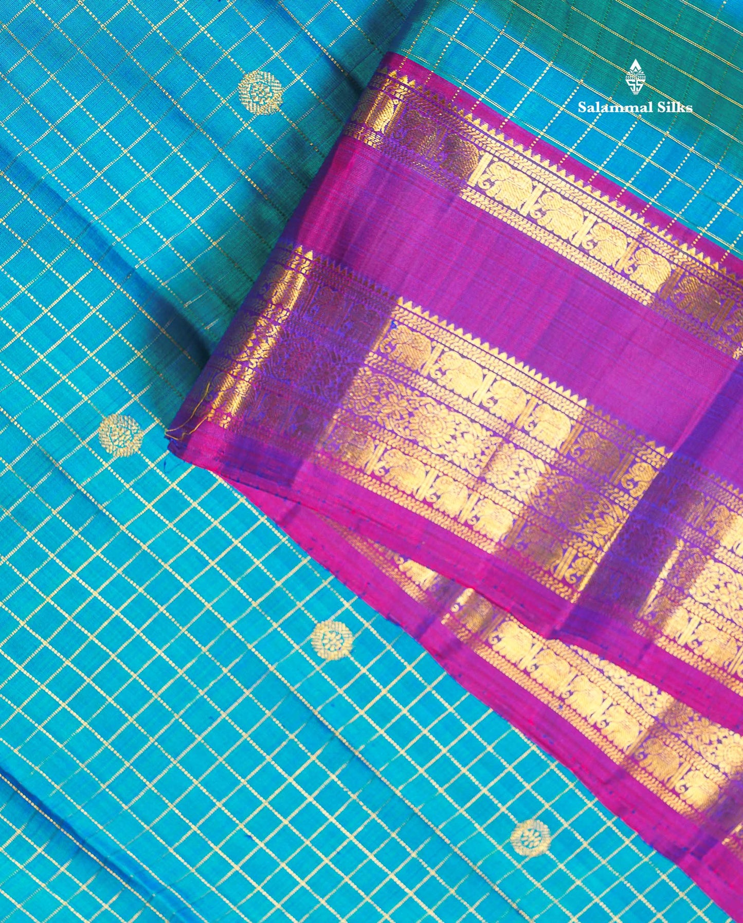 Pure Kanjivaram Silk Saree - Sapphire Blue Colour Body Checks With Butta & Contrast Purple Traditional Gap Border