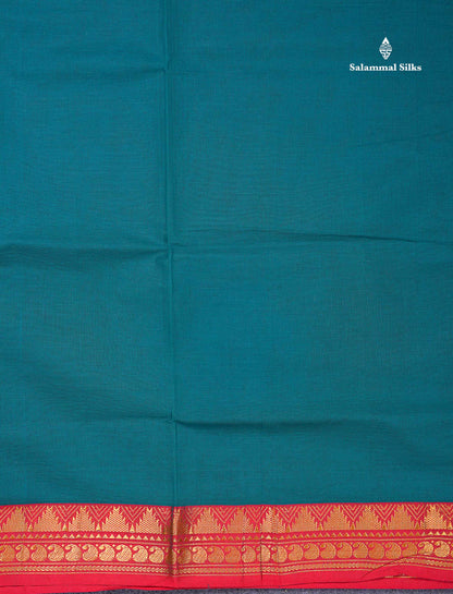 Beautiful Dual Tone Blue Plain Pure Cotton Saree With Contrast Red Traditional Border