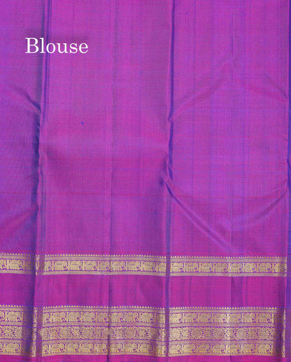 Pure Kanjivaram Silk Saree - Sapphire Blue Colour Body Checks With Butta & Contrast Purple Traditional Gap Border