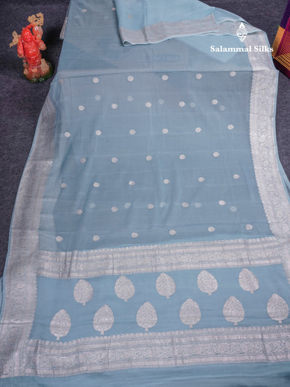 Beautiful Pastel Blue Handloom Banaras Pure Chiffon Saree With Fancy Border