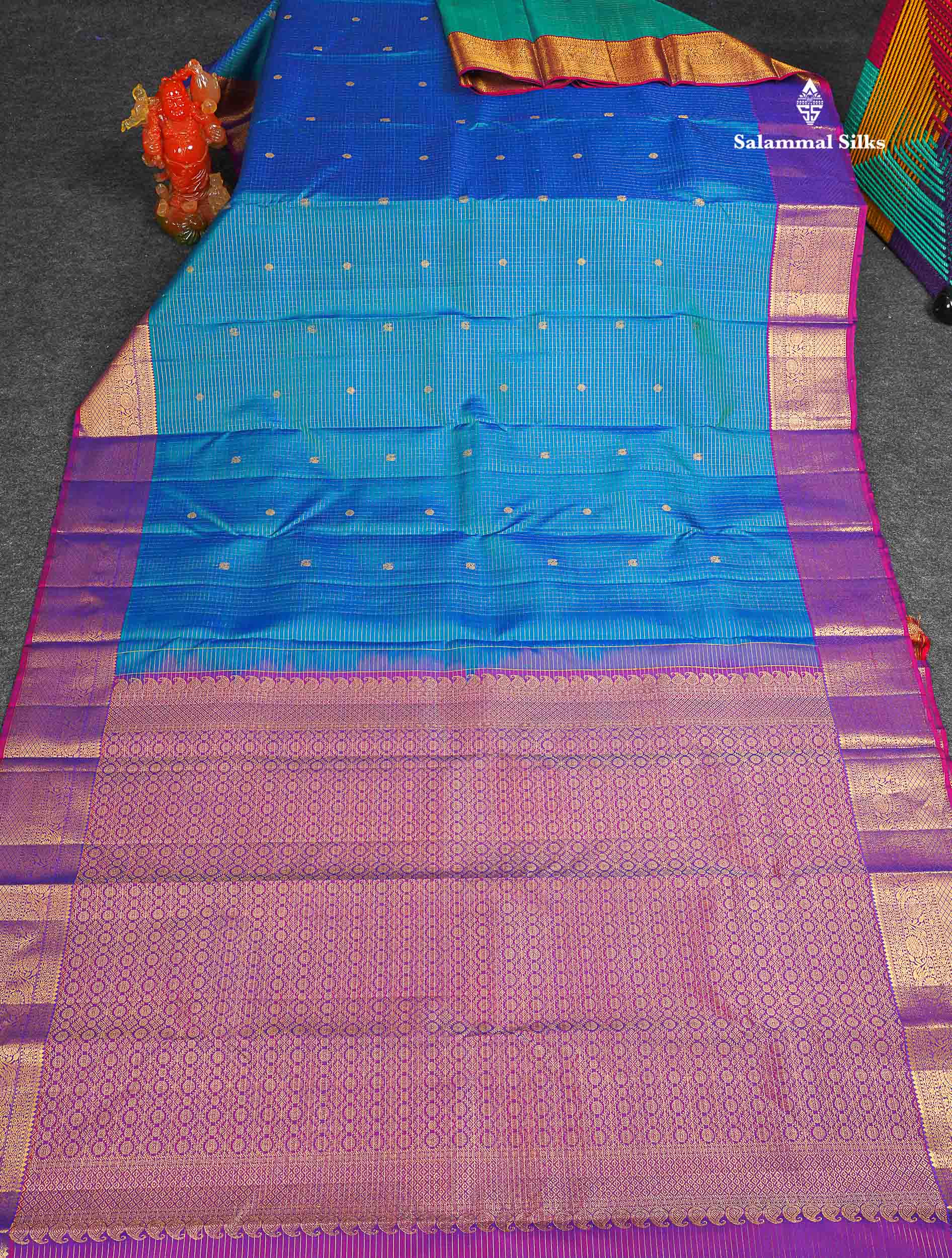 Pure Kanjivaram Silk Saree - Peacock Blue Colour Body Small Checks With Butta & Contrast Purple Border