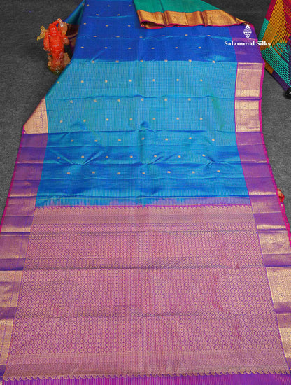 Pure Kanjivaram Silk Saree - Peacock Blue Colour Body Small Checks With Butta & Contrast Purple Border