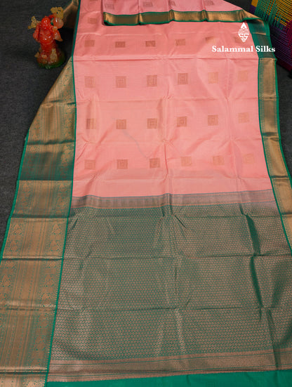Beautiful Dark Peach Semi Silk Saree With Contrast Sapphire Green Traditional Evening Morning Border