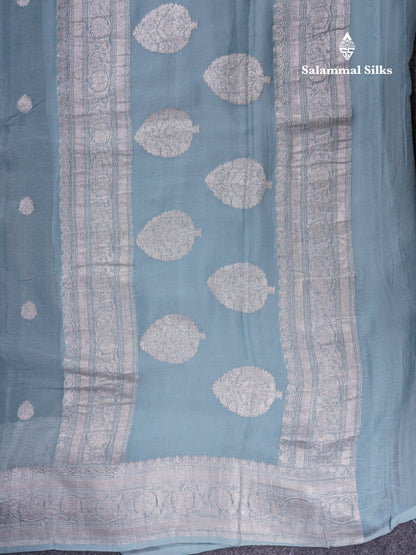 Beautiful Pastel Blue Handloom Banaras Pure Chiffon Saree With Fancy Border