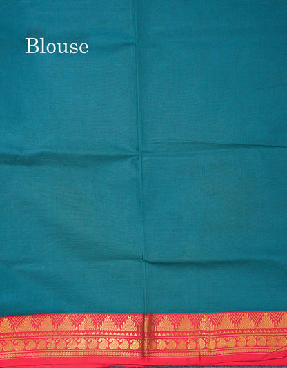 Beautiful Dual Tone Blue Plain Pure Cotton Saree With Contrast Red Traditional Border