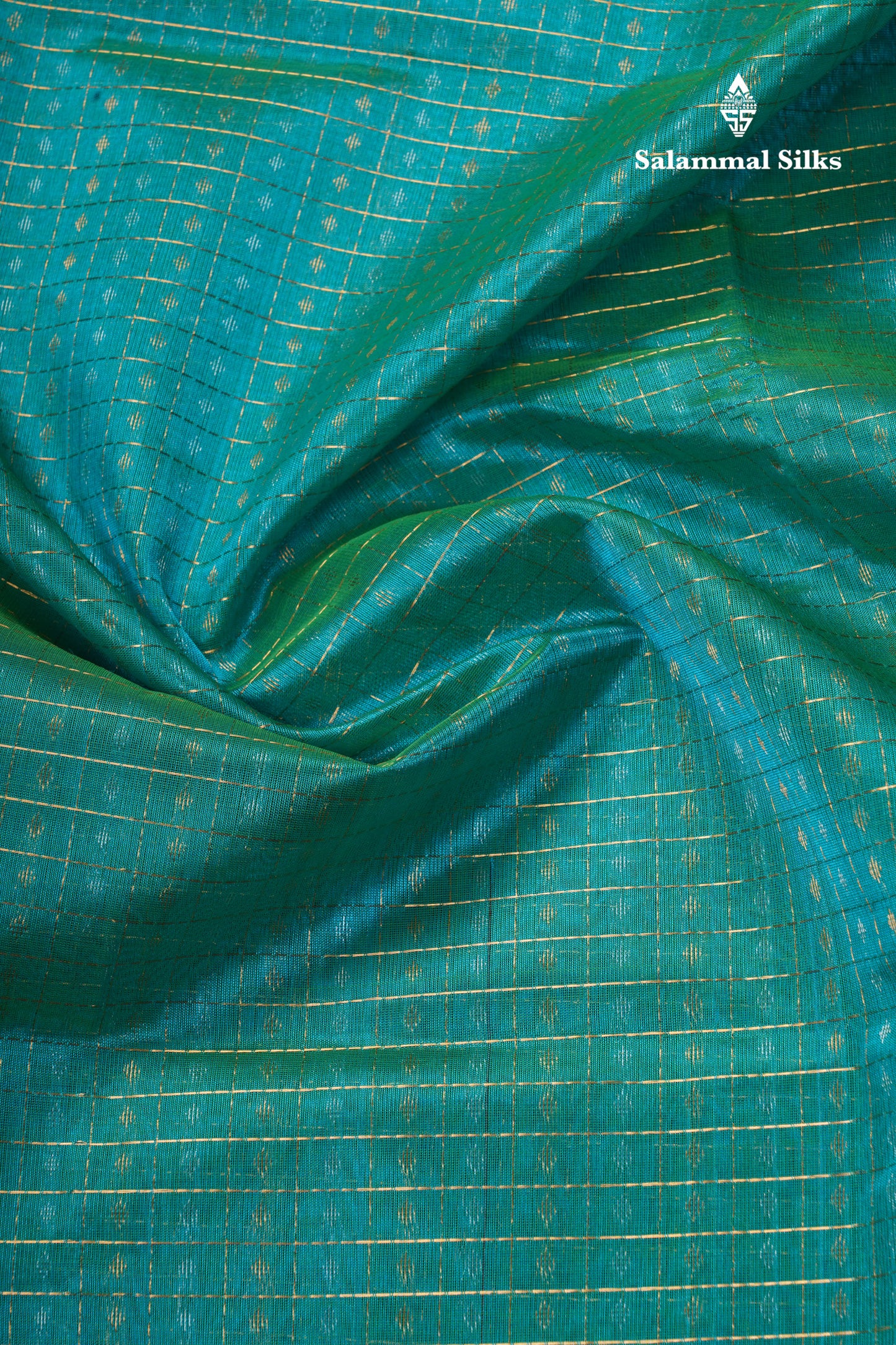 Pure Silk Cotton Dual Tone Sea Green Traditional Checks And Gold Silver Zari Lakshadeepam Buttas With Brown Border